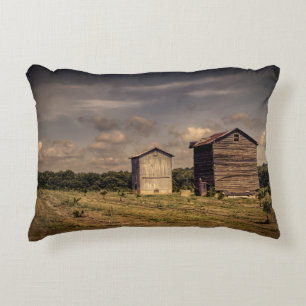 Authentic old time pair of tobacco barns. accent pillow