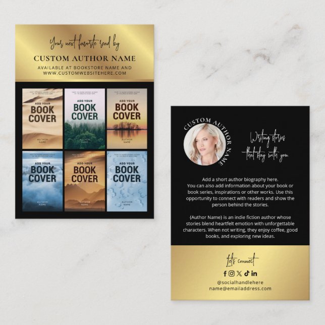 Author Book Series Photo Collage Black & Gold Business Card (Front/Back)