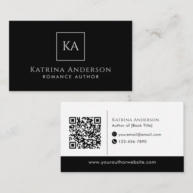 Author QR Code Minimal Elegant Black Branding Business Card (Front/Back)