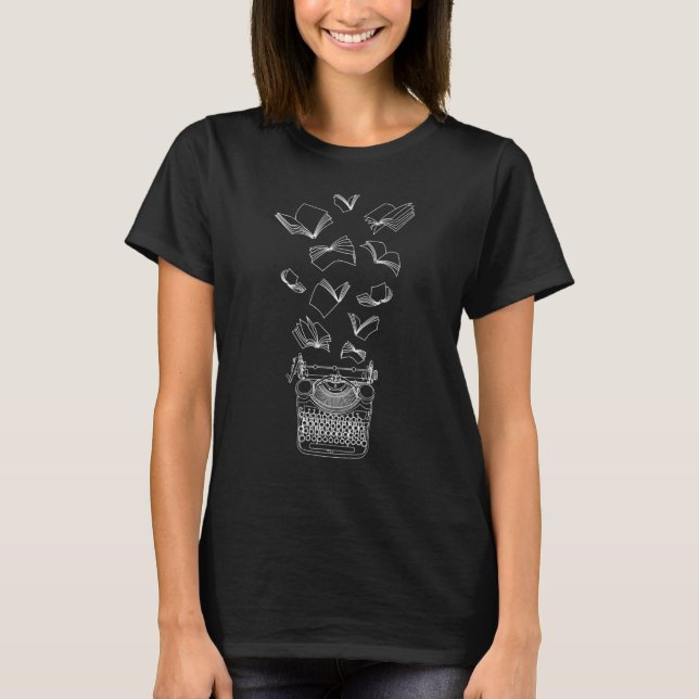 Author Writer Typewriter Flying Books T-Shirt (Front)