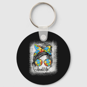 Autie Aunt Life Autism Awareness Messy Bun Bleache Keychain