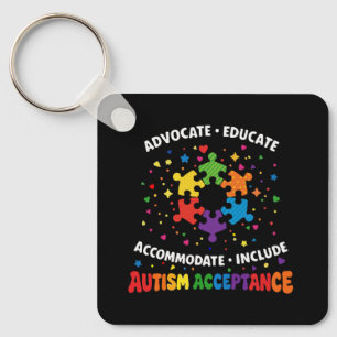 Autism Acceptance Advocate Educate Rainbow Puzzle  Keychain