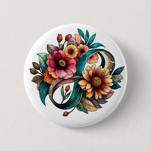 Autism Acceptance Colourful Floral Infinity Symbol 2 Inch Round Button (Front)