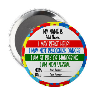Autism Alert Non Verbal Autistic Card 4 Inch Round Button