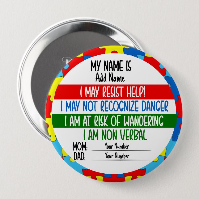 Autism Alert Non Verbal Autistic Card 4 Inch Round Button (Front & Back)