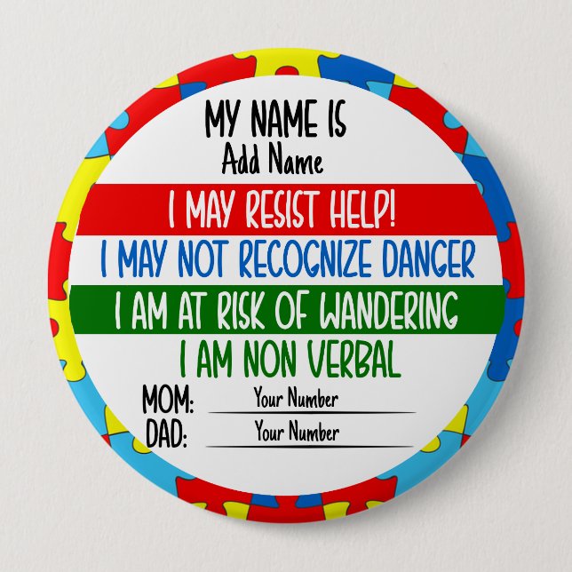 Autism Alert Non Verbal Autistic Card 4 Inch Round Button (Front)