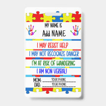 Autism Alert Non verbal Autistic Contact Badge