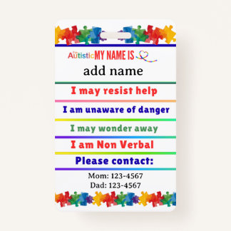 Autism Alert Nonverbal Autistic Contact  Badge