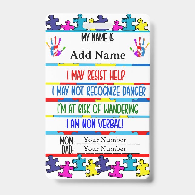 Autism Alert Nonverbal Autistic Contact  Badge (Front)