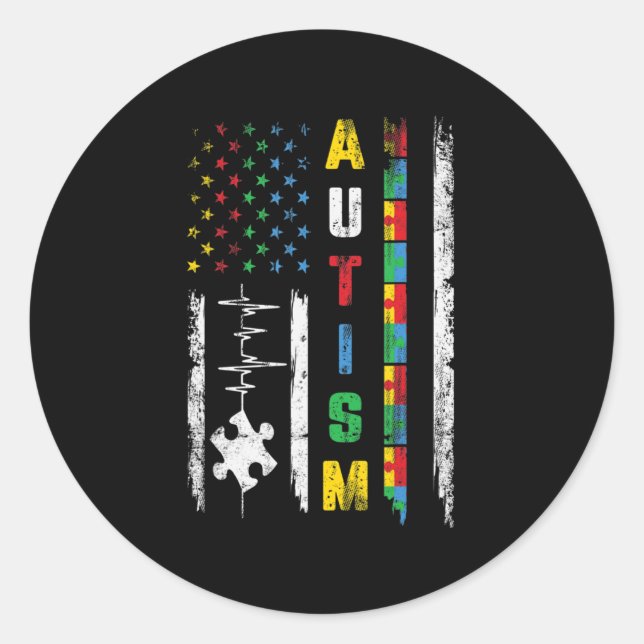 Autism American Flag Puzzle Autism Awareness Men W Classic Round Sticker (Front)