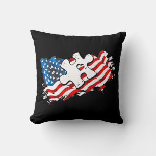 Autism American Flag Puzzle Autism Awareness Supp Throw Pillow