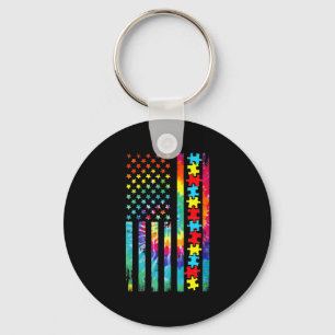 Autism American Flag Tee Tie Dye Autism Awareness Keychain