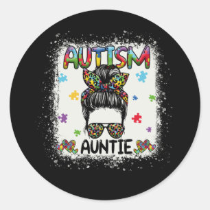 Autism Auntie Messy Bun Autism Awareness Aunt Puzz Classic Round Sticker