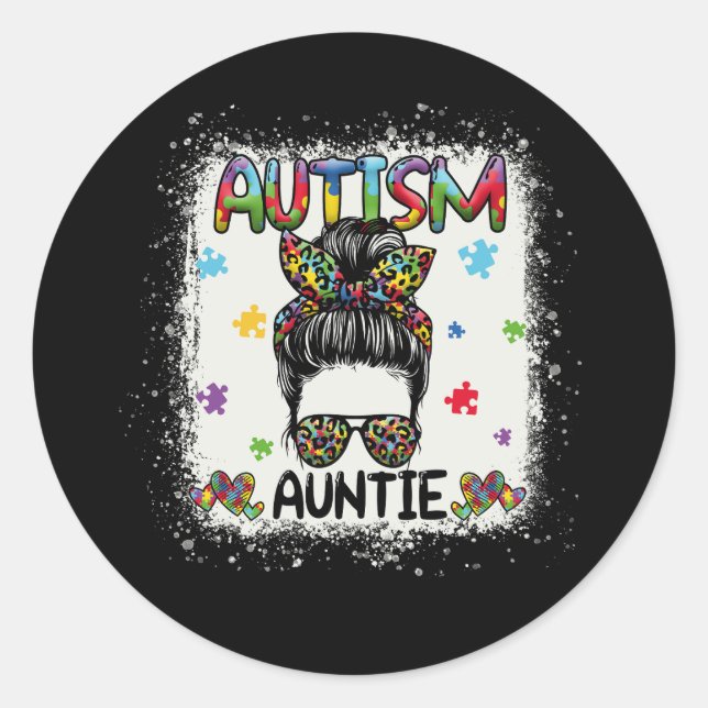 Autism Auntie Messy Bun Autism Awareness Aunt Puzz Classic Round Sticker (Front)