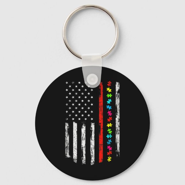 Autism Awareness 4th July Thin Red Line Firefighte Keychain (Front)