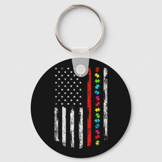 Autism Awareness 4th July Thin Red Line Firefighte Keychain (Front)