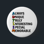 Autism Awareness Acrostic Cute Rainbow Word Poem 2 Inch Round Button<br><div class="desc">A beautiful acrostic word poem for Autism. Always Unique Truly Interesting Special Memorable. Great positive attributes of being autistic to show you are proud of being on the spectrum. Acronyms are so cool.</div>