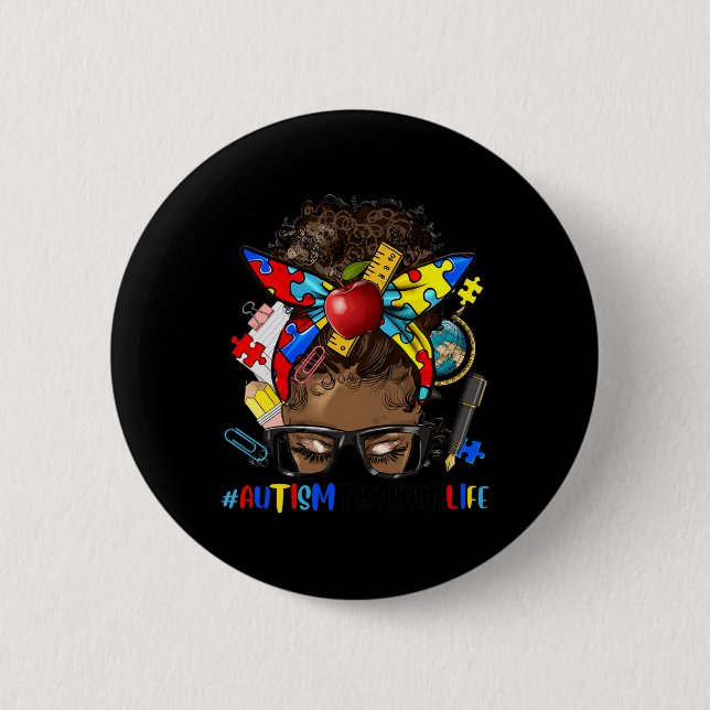 Autism Awareness Afro Messy Bun Melanin Black Auti 2 Inch Round Button (Front)