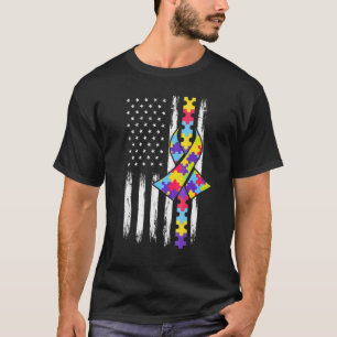 Autism Awareness American Flag Autism Ribbon T-Shirt