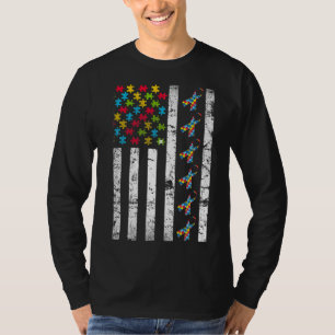 Autism Awareness American Flag Puzzle Ribbon Autis T-Shirt