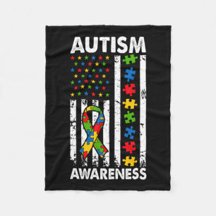 Autism Awareness American Flag Puzzle Ribbon Dad M Fleece Blanket