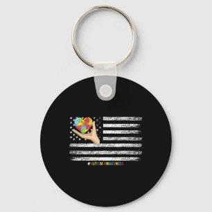 Autism Awareness American Flag Usa Hand With A Hea Keychain