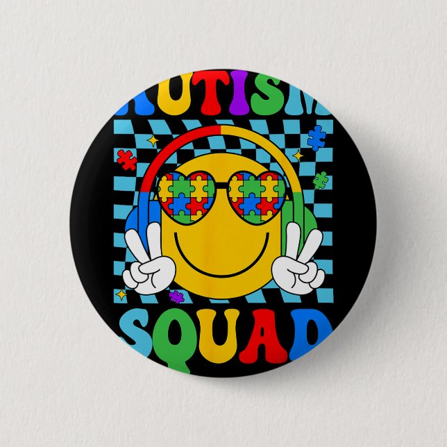 Autism Awareness Autism Squad Support Smile Face W 2 Inch Round Button (Front)