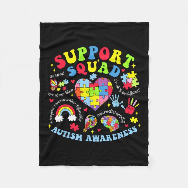 Autism Awareness Autism Support Squad Family Heart Fleece Blanket (Front)