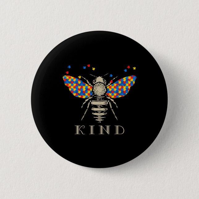 Autism Awareness Bee Kind Puzzle Pieces  2 Inch Round Button (Front)