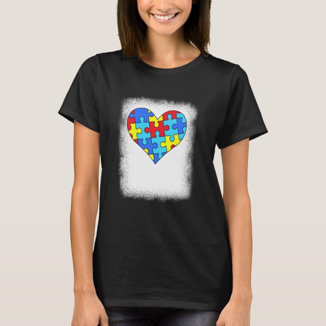 Autism Awareness Bleached Autism Heart Puzzle Piec T-Shirt (Front)