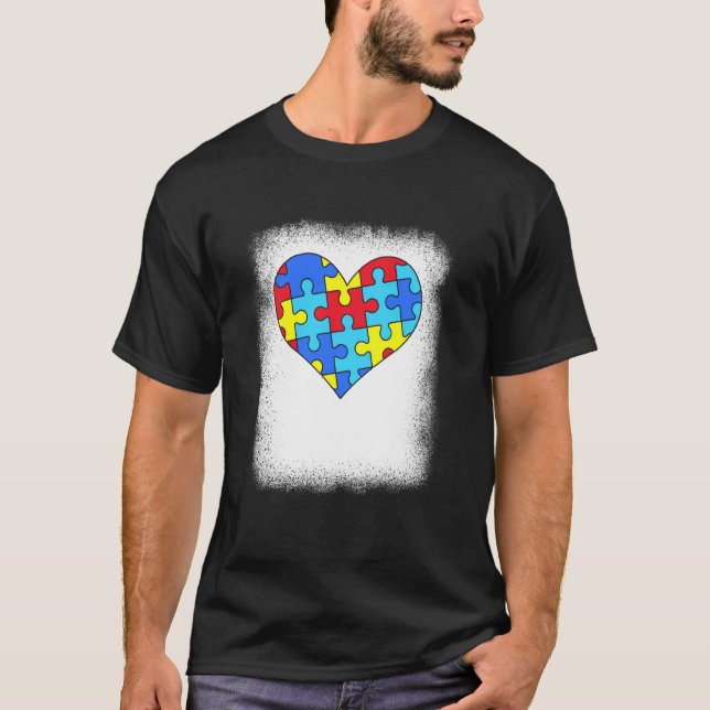 Autism Awareness Bleached Autism Heart Puzzle Piec T-Shirt (Front)