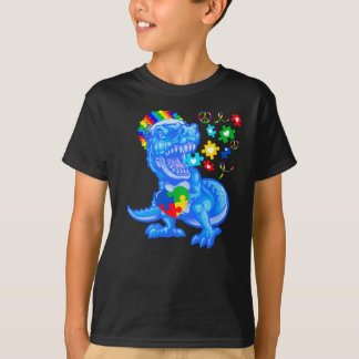 Autism Awareness Blue Month Blue Dinosaur T Rex T-Shirt