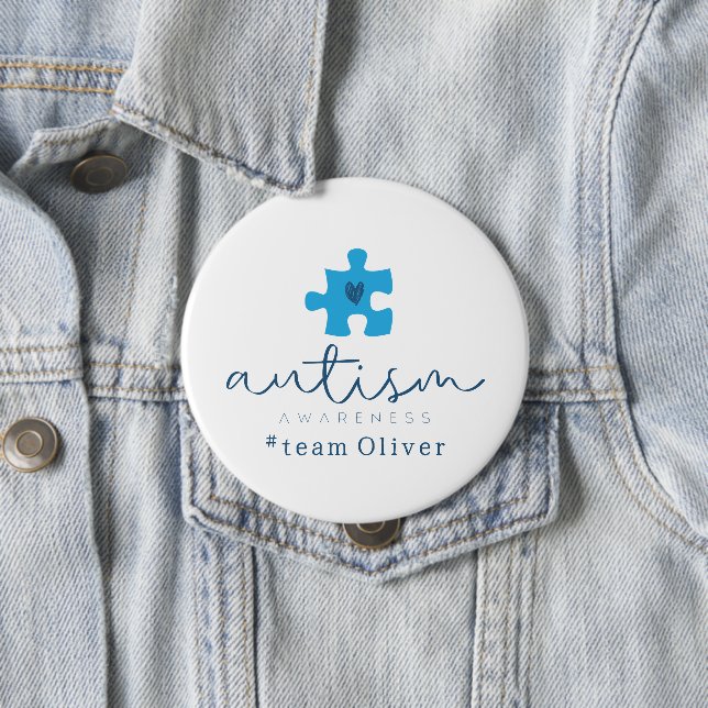 autism awareness blue puzzle piece #team name  4 inch round button (In Situ)