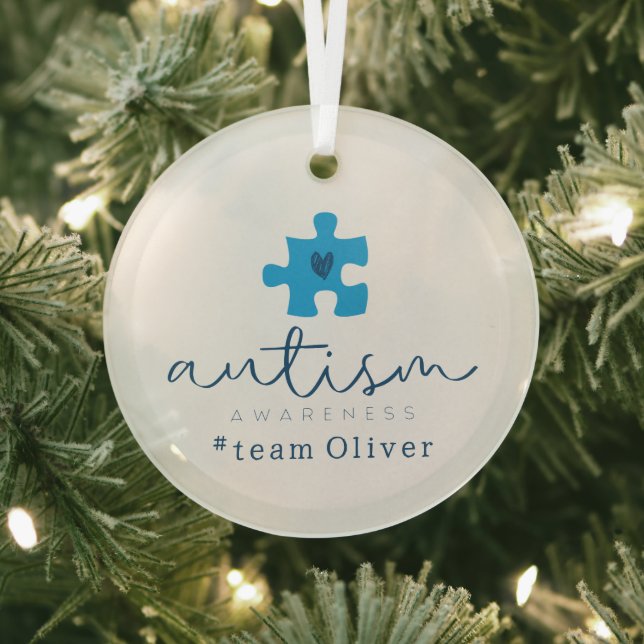 autism awareness blue puzzle piece #team name  glass ornament (Insitu)