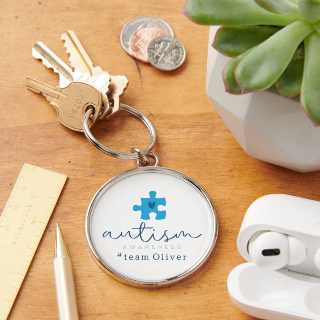 autism awareness blue puzzle piece #team name  keychain (Desk)
