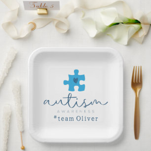 autism awareness blue puzzle piece #team name paper plate