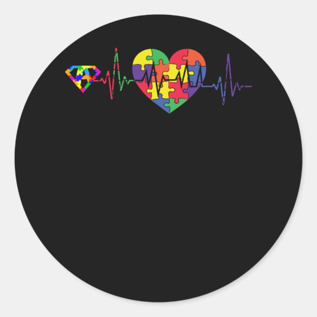 Autism Awareness Blue Ribbon Heart Beat Love Classic Round Sticker (Front)