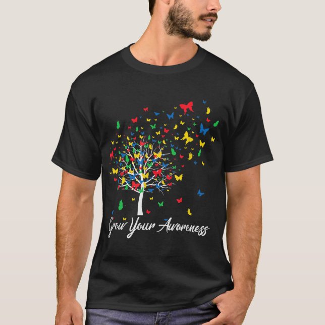 Autism Awareness Colourful Butterfly Tree Grow You T-Shirt (Front)