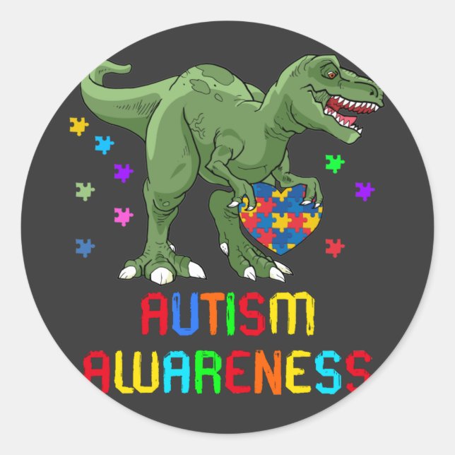 autism awareness dinosaur classic round sticker (Front)
