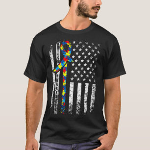 Autism Awareness Distressed American Flag Cute Puz T-Shirt