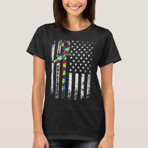 Autism Awareness Distressed American Flag Cute Puz T-Shirt