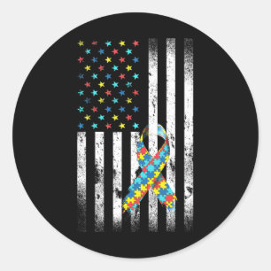 Autism Awareness Distressed American Flag Puzzle R Classic Round Sticker
