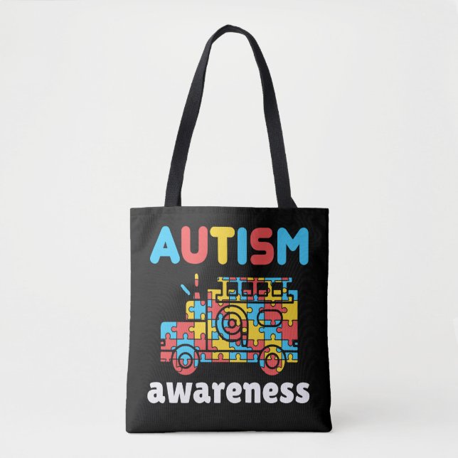Autism Awareness Firefighter Fire Truck Puzzle Tote Bag (Front)