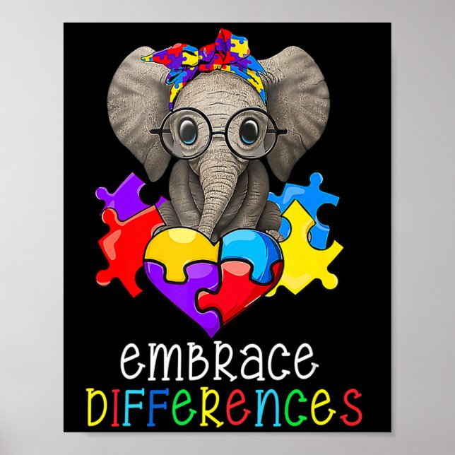 Autism Awareness Fun Glasses Elephant Embrace Diff Poster (Front)