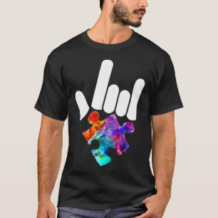 Autism Awareness Hand Rock &amp Roll Puzzle Pieces T-Shirt