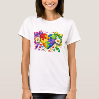 Autism Awareness Heart Puzzle Coquette Ribbon T-Shirt