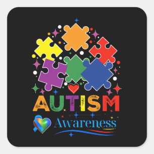 Autism Awareness Heart Puzzle Piece Blue Ribbon De Square Sticker