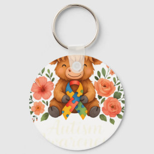 Autism Awareness Highland Cow Flora Keychain