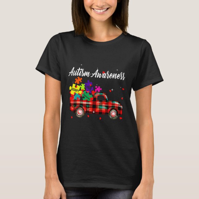 Autism Awareness Love Accept Understand Red Plaid  T-Shirt (Front)