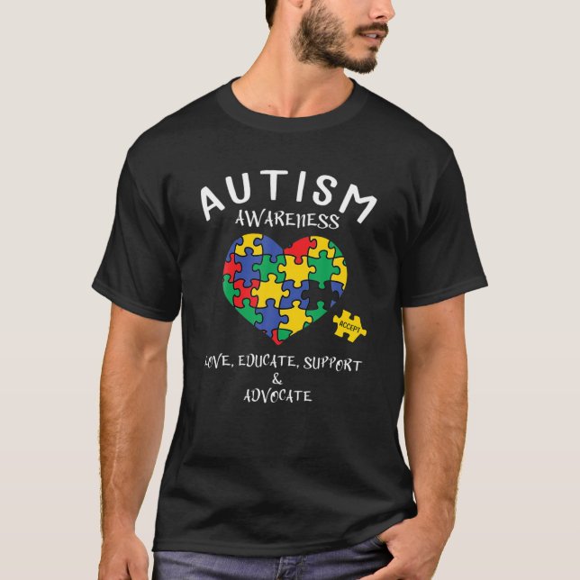 Autism Awareness Love Educate Advocate Puzzle Hear T-Shirt (Front)